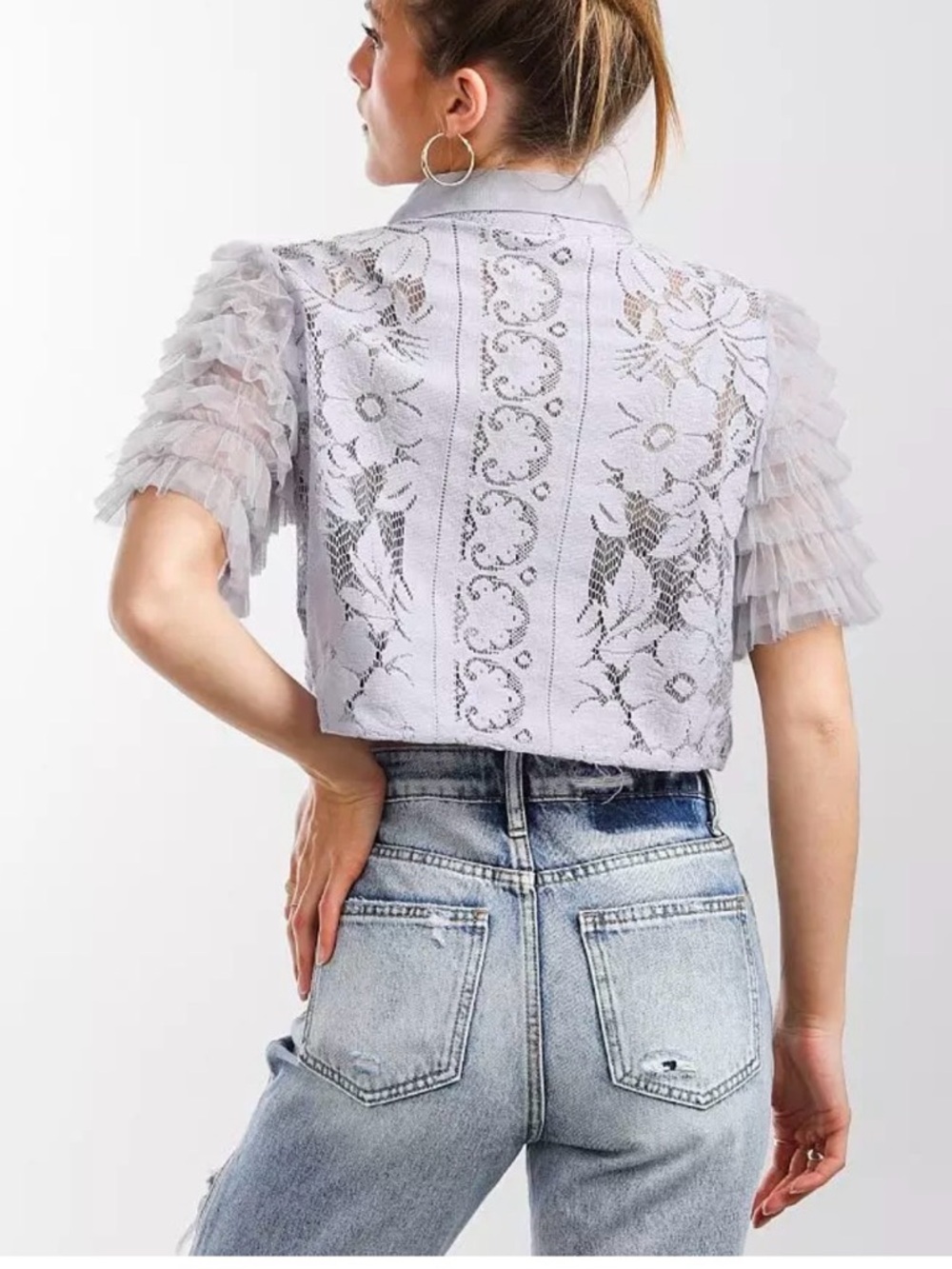 Free People, Madonna, Black Lace Sheer Ruffle Sleeve Cropped Top - Picture 11 of 13